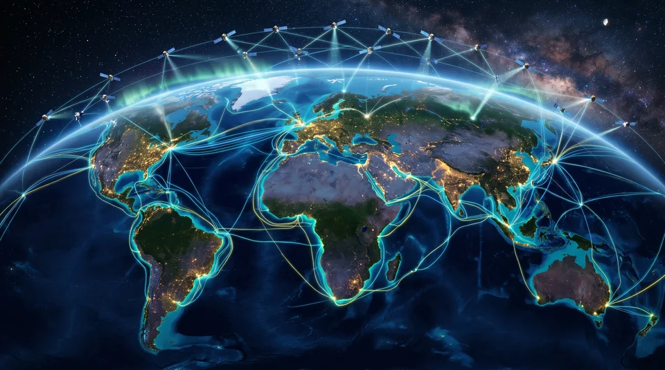 Planeta Terra visto do espaço com redes de cabos e satélites.