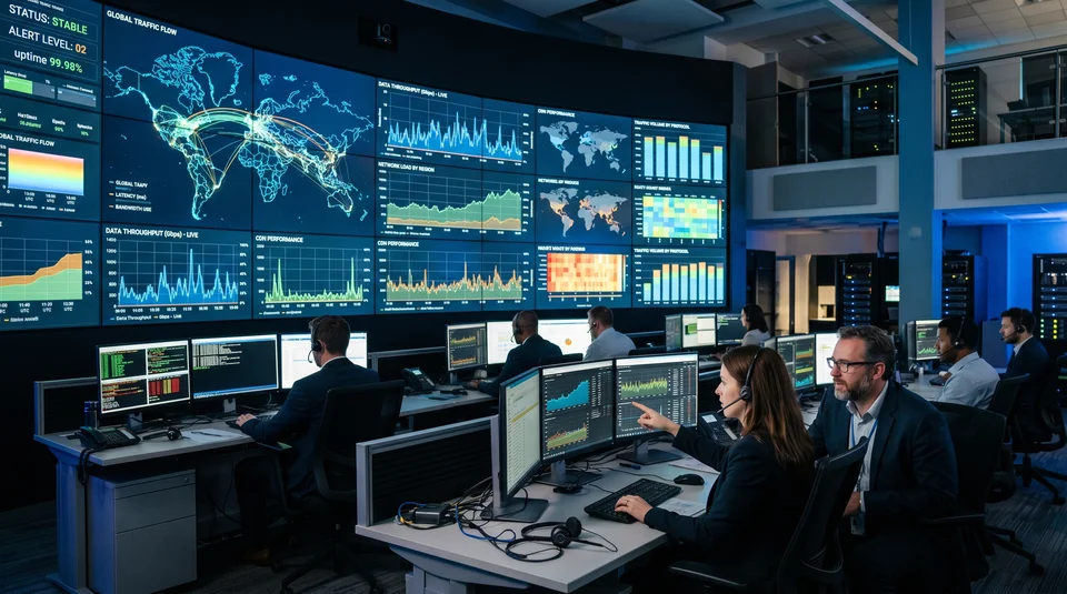 Central de monitoramento com profissionais e telas de dados.