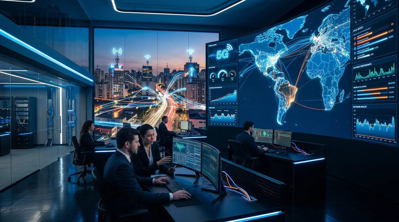 Central de monitoramento de rede 5G com mapa global.