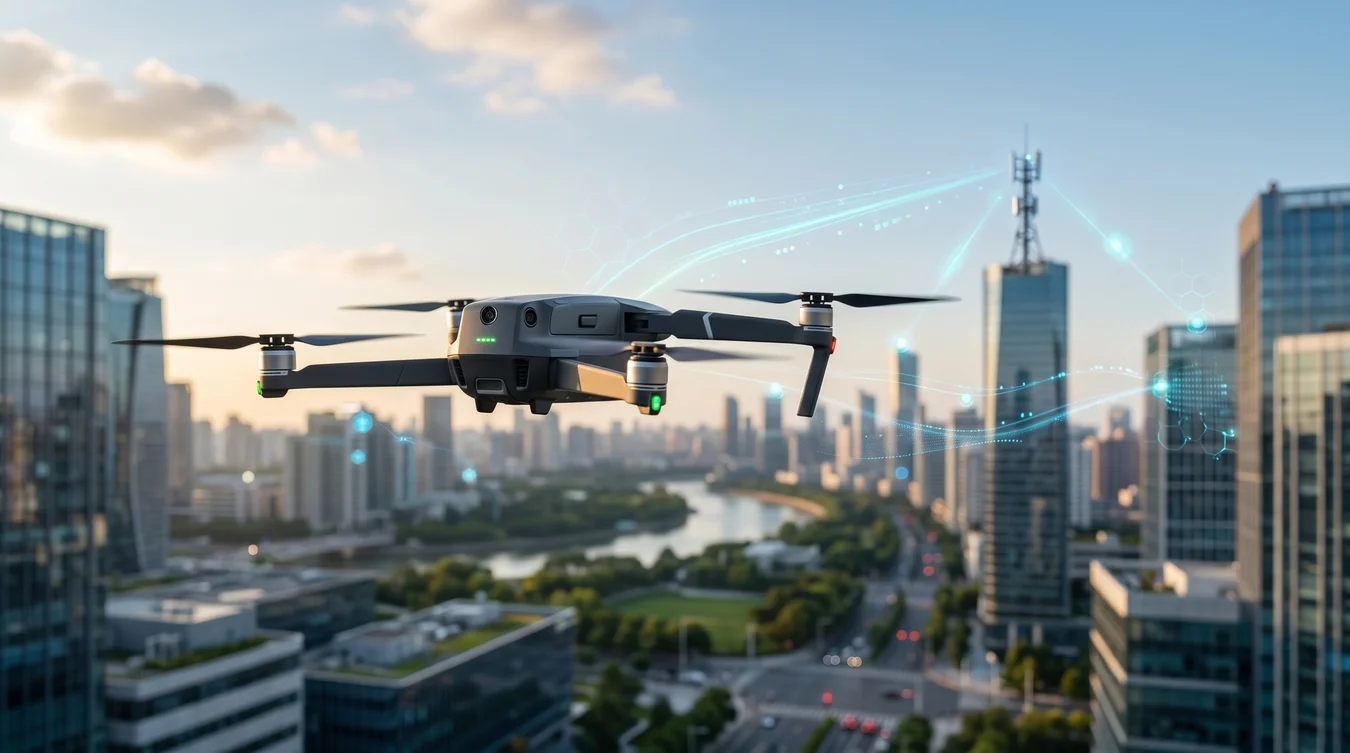 Drone voando sobre cidade com redes digitais conectadas.