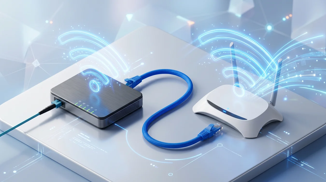 Diagrama 3D de modem conectado por cabo de rede azul a um roteador secundário.