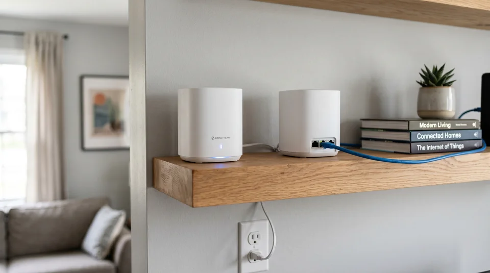 Sistema Wi-Fi Mesh instalado em prateleira residencial, com dois módulos conectados para ampliar a cobertura e melhorar o sinal de internet em toda a casa.
