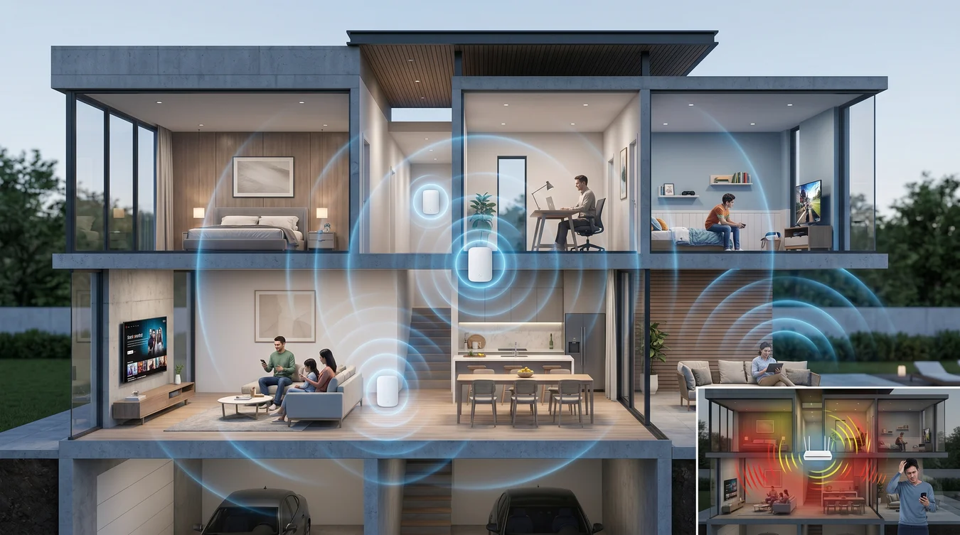 Casa moderna em corte lateral demonstrando a cobertura de uma rede Wi-Fi Mesh, com múltiplos pontos de acesso distribuindo sinal forte e estável por todos os cômodos, eliminando áreas sem conexão.