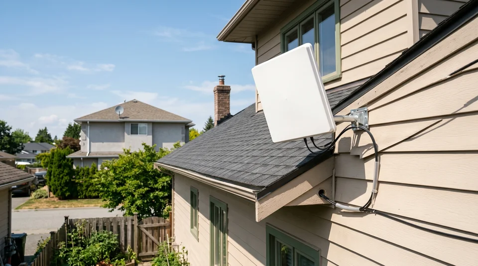 Antena direcional externa CPE branca instalada na parede de uma casa para internet via rádio ou satélite.