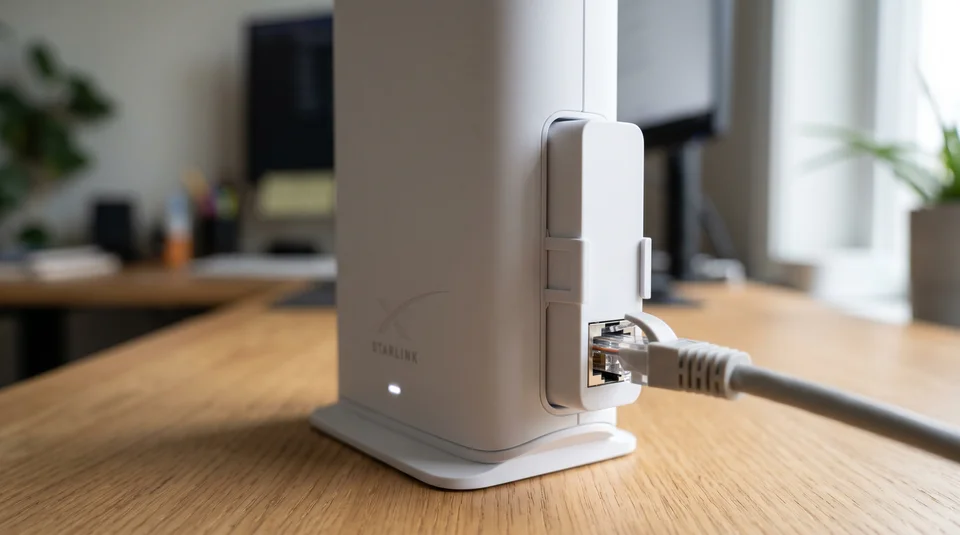 roteador Starlink Gen 2 com o adaptador Ethernet oficial instalado na lateral, cabo RJ45 conectado.