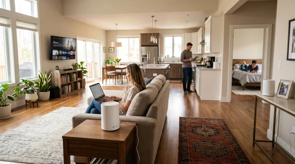 sistema Mesh Wi-Fi 6 TP-Link Deco posicionado em sala ampla cobrindo múltiplos ambientes, sala, quartos e cozinha.