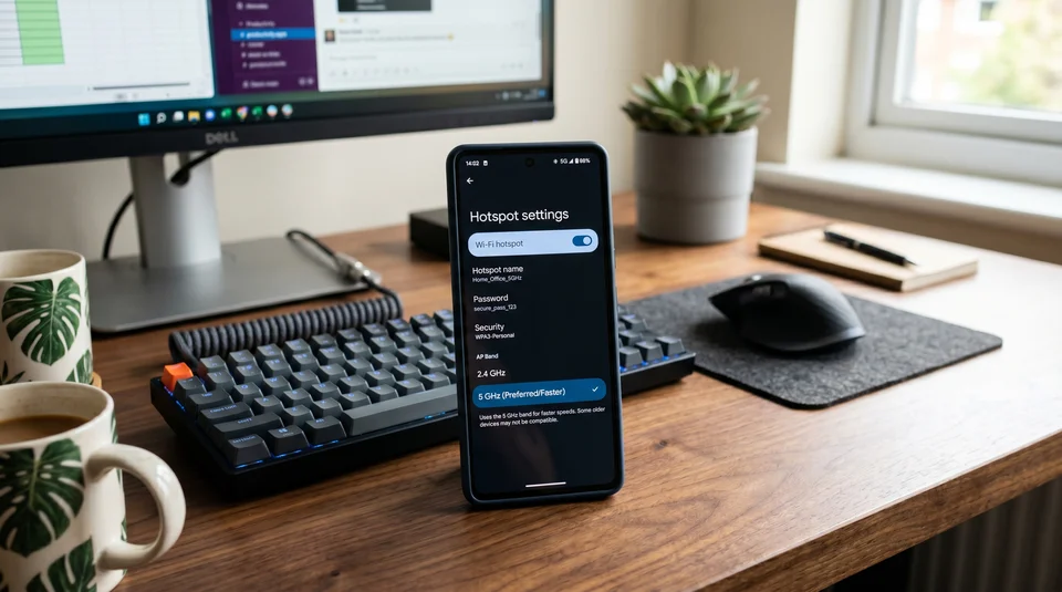 smartphone exibindo tela de configurações de hotspot 5G com banda 5GHz selecionada, sobre mesa de home office.