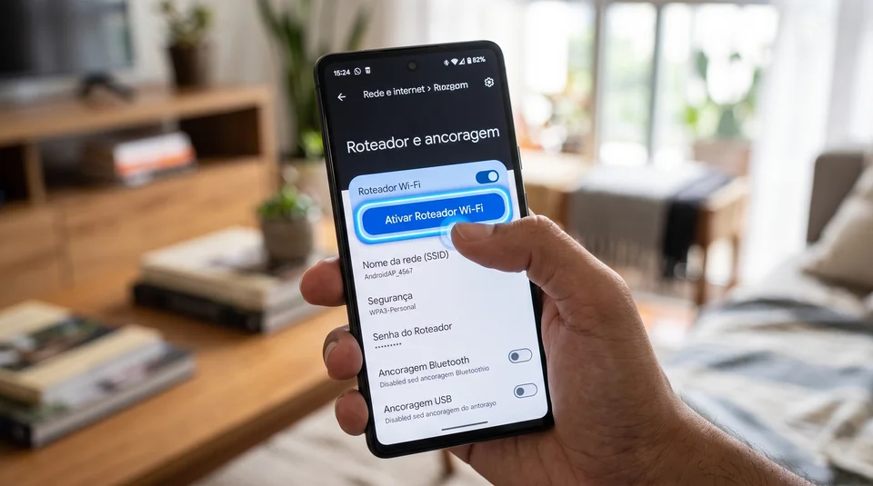 mão segurando smartphone Android com a tela de "Roteador Wi-Fi e Ancoragem" aberta, destacando o botão de ativar o hotspot.