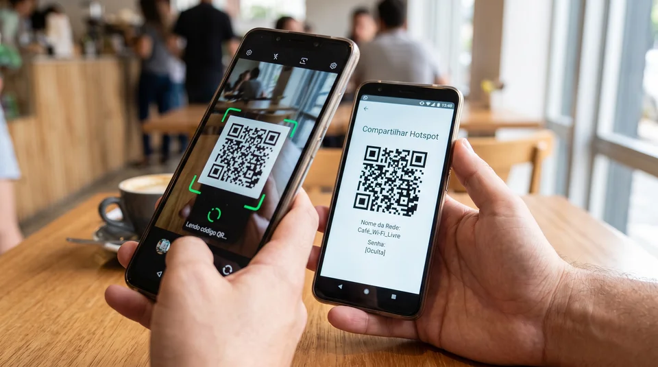 tela de smartphone Android exibindo QR Code do hotspot sendo escaneado por outro celular .