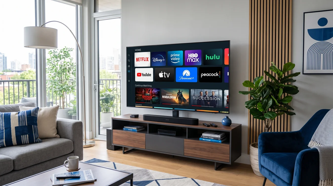 Tv moderna com aplicativos de streaming em um ambiente moderno e iluminado com detalhes em azul.