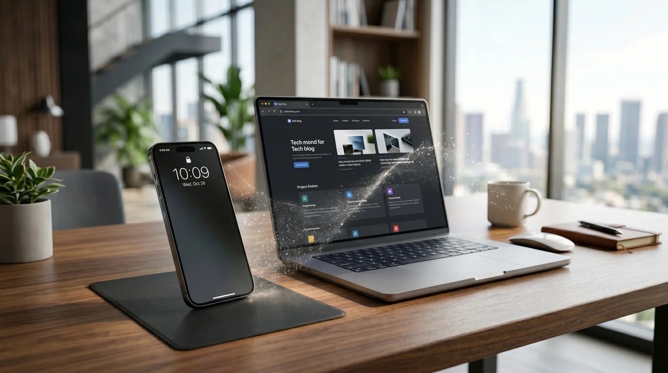 Smartphone conectado à rede 5G sobre mesa de home office ao lado de notebook moderno, representando compartilhamento de internet de alta velocidade e conectividade avançada.