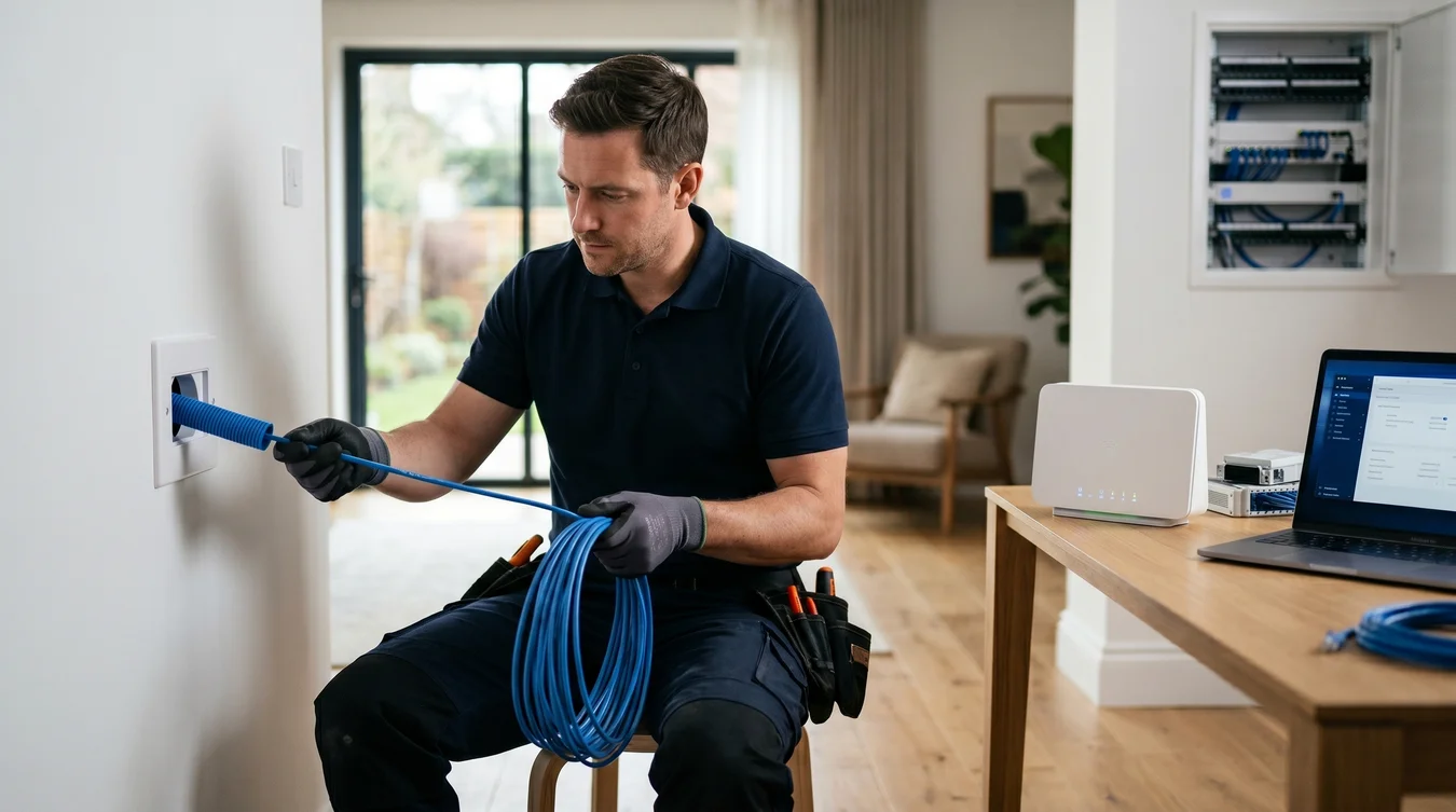 Técnico de rede passando cabo Ethernet azul por conduíte em ambiente residencial moderno, utilizando guia passa-fio para instalação de cabeamento estruturado de internet.