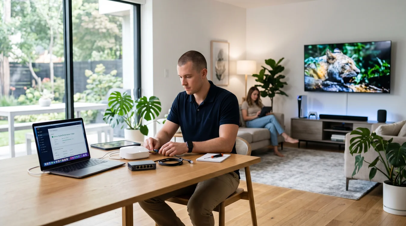 Especialista em tecnologia configurando uma rede doméstica inteligente em ambiente moderno, com notebook, smart TV, dispositivos conectados e infraestrutura de internet de alta velocidade ao fundo.