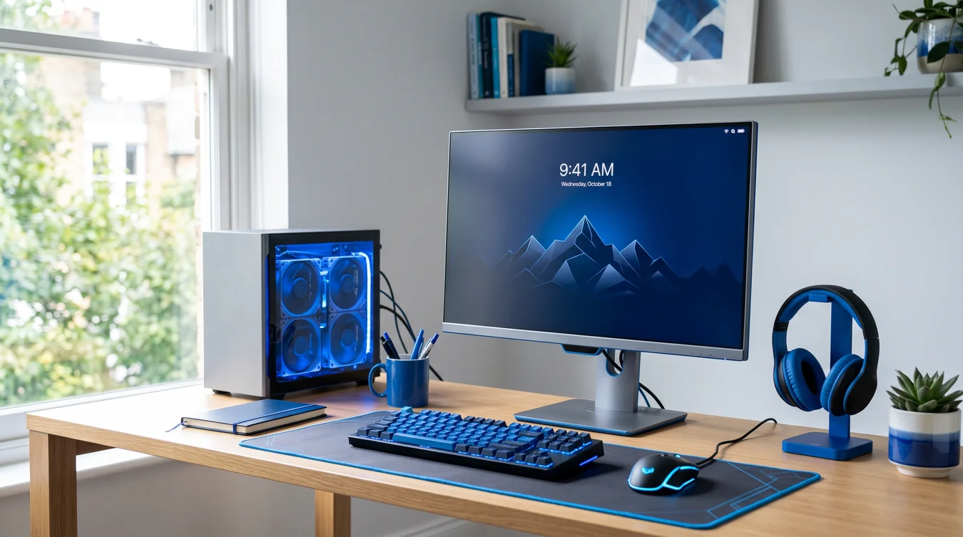 Um computador apoiado em uma mesa de escitorio com detalhes em azul ambiente limpo e iluminado.
