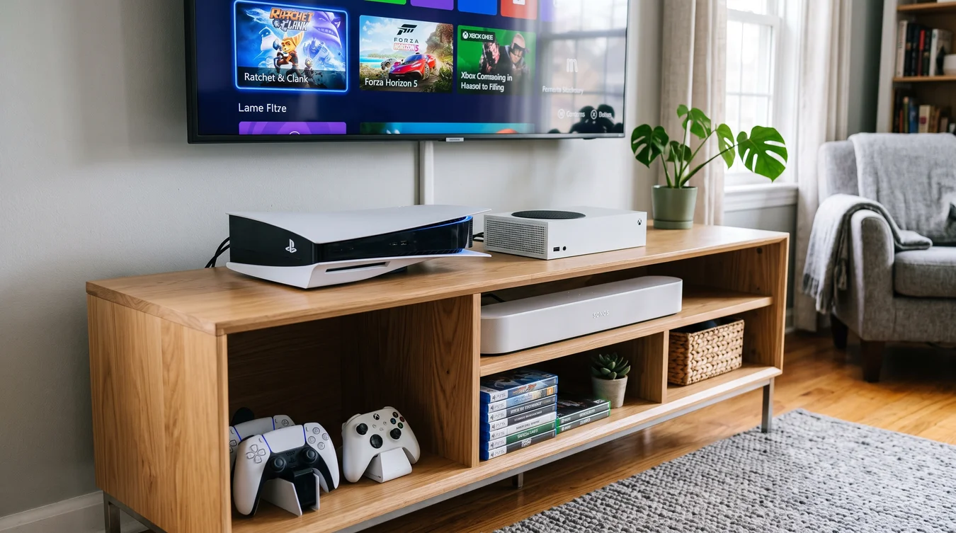 Móvel de madeira moderno com um xbox series s e um playstation 5 em cima.