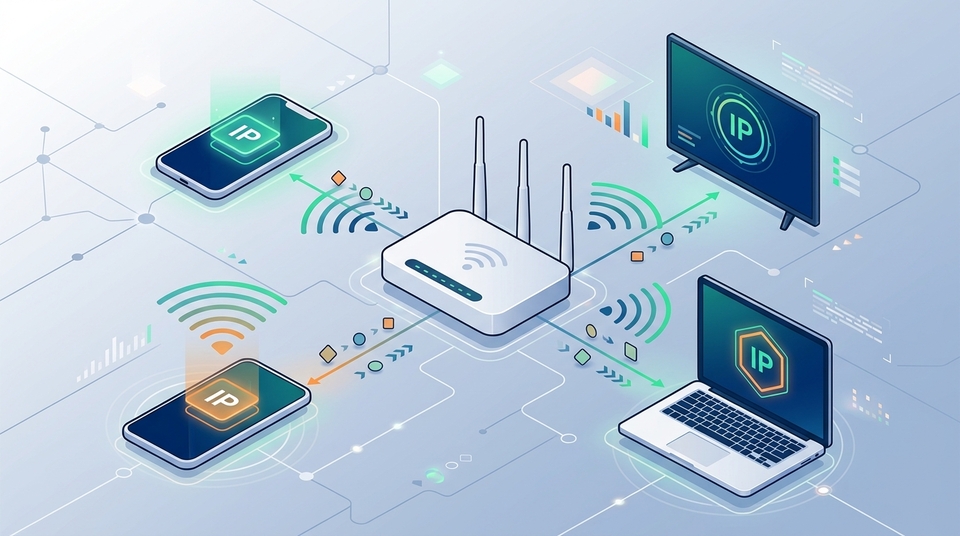 Ilustração isométrica de um roteador sem fio central distribuindo endereços IP para smartphones, notebook e smart TV.