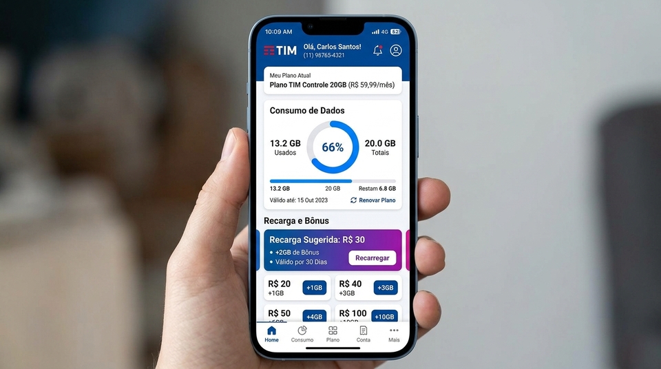 Mão segurando smartphone que exibe aplicativo Meu TIM com consumo de internet e opções de recarga de celular na tela.