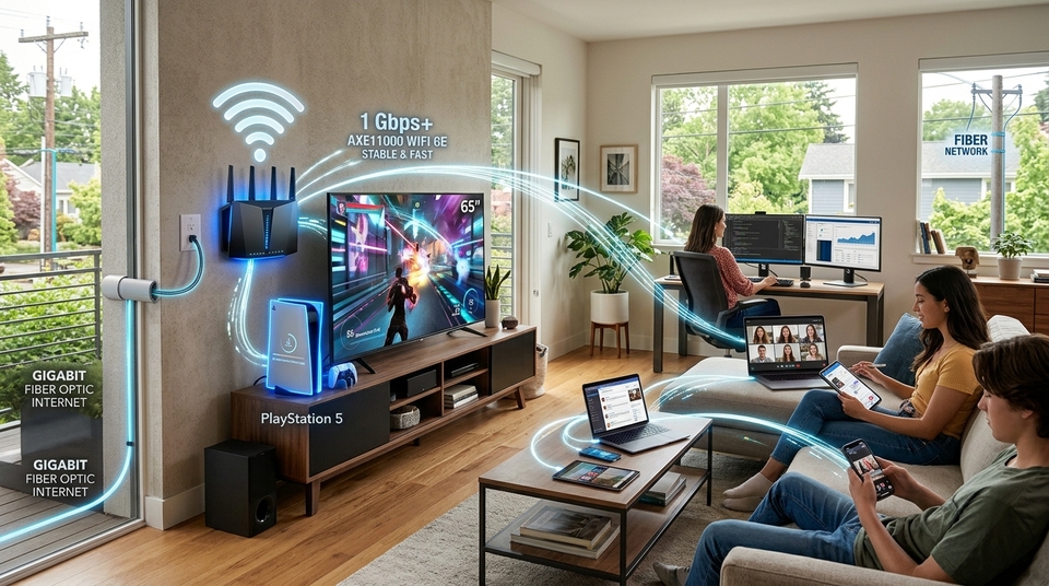 Família utilizando internet de fibra óptica em casa com roteador Wi-Fi distribuindo conexão para TV, notebook, smartphones e computador em home office.