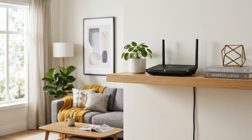 Roteador Wi-Fi preto com duas antenas posicionado em uma prateleira de madeira decorada na sala de estar.