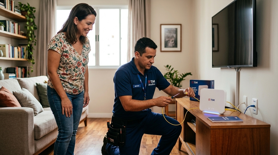 Técnico da TIM instalando um roteador Wi-Fi branco na sala de estar, enquanto uma cliente sorridente acompanha o processo.