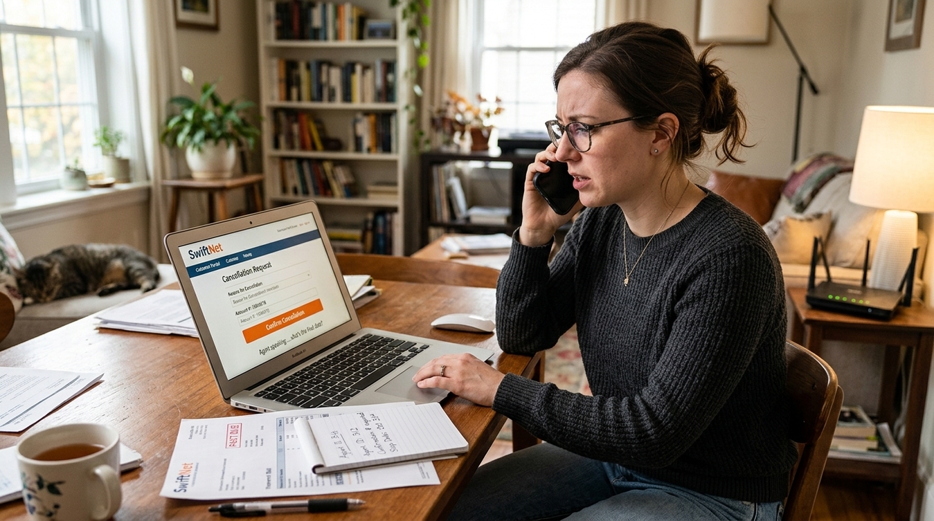 Uma mulher usando óculos e falando ao celular enquanto olha para a tela do laptop que exibe uma solicitação de cancelamento para "SwiftNet", com documentos sobre a mesa.