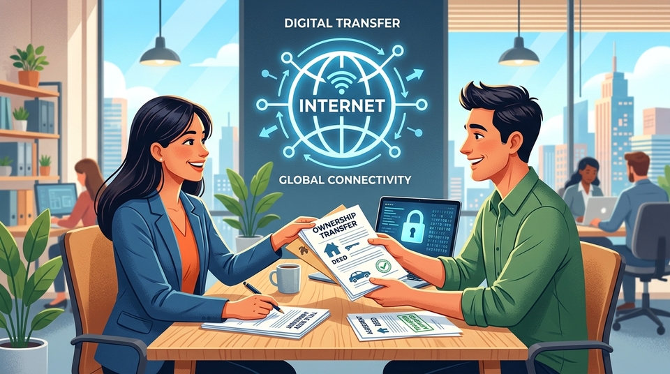 Ilustração de um homem e uma mulher em um escritório trocando documentos de transferência de propriedade, com um grande ícone digital de conexão global e internet ao fundo.