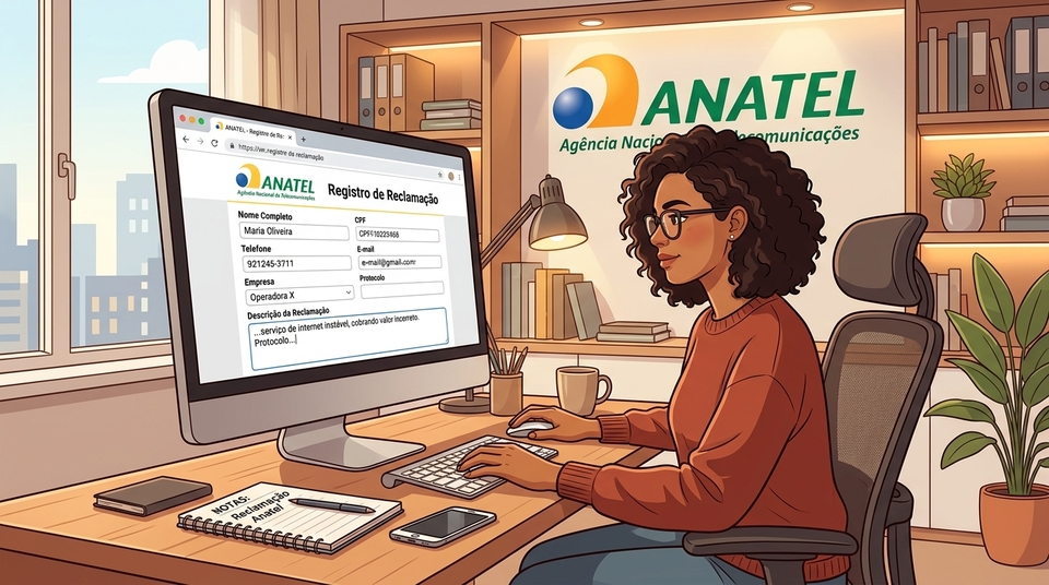 Ilustração de uma mulher negra com cabelos cacheados e óculos preenchendo um formulário de "Registro de Reclamação" no site da ANATEL no computador, com um logo da ANATEL na parede ao fundo.