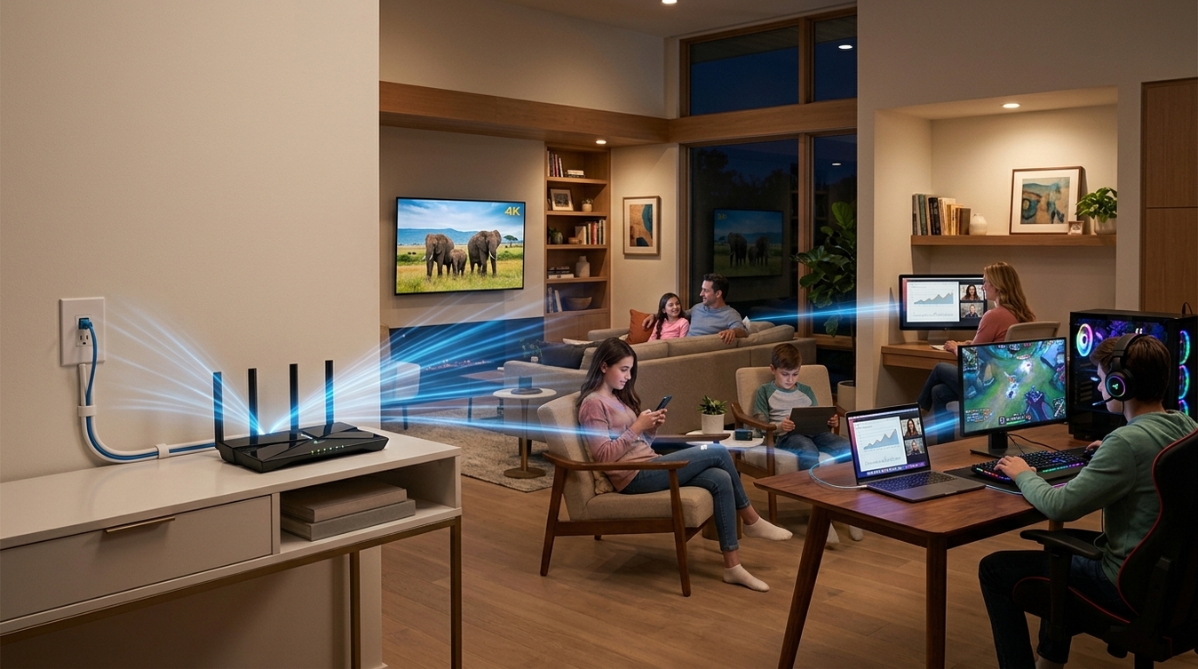 Um roteador preto potente emite feixes de luz azul brilhante, conectando vários dispositivos de uma família espalhada pela casa moderna, como computadores de jogos, laptops e TVs.