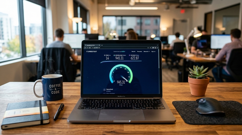 Um laptop aberto em uma mesa de escritório mostrando um teste de velocidade de internet (Speedtest) na tela, ao lado de uma caneca de café, caderno e mousepad, com pessoas trabalhando ao fundo.