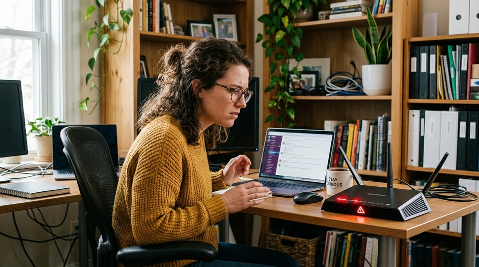 Mulher de óculos e suéter amarelo sentada em um home office olhando preocupada para um roteador com luzes vermelhas e um símbolo de aviso piscando na mesa, com um laptop ao lado.