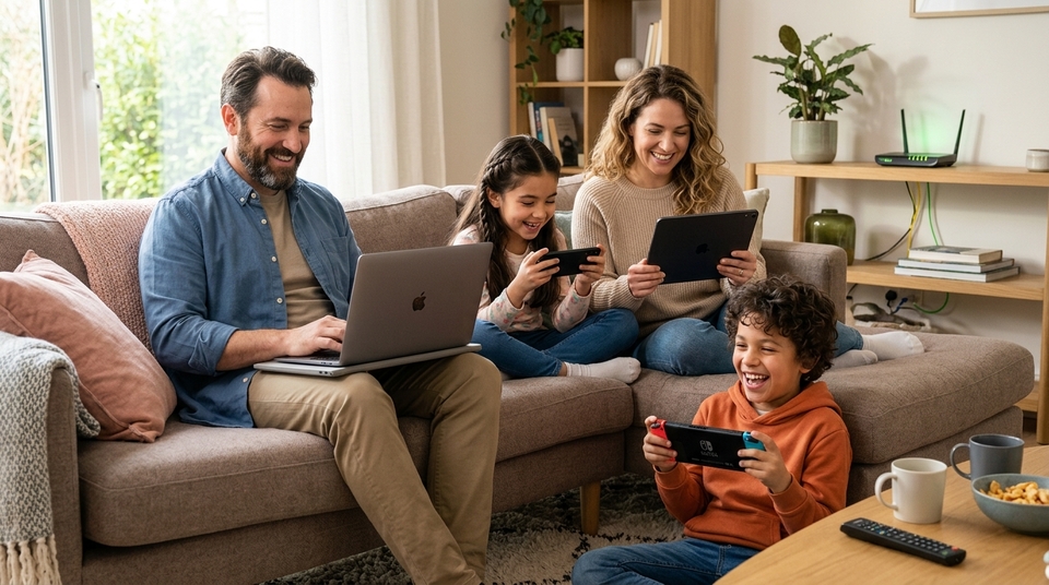 Família sorridente reunida na sala usando diversos aparelhos conectados, com o pai no laptop, a mãe no tablet e as crianças jogando no celular e videogame portátil.