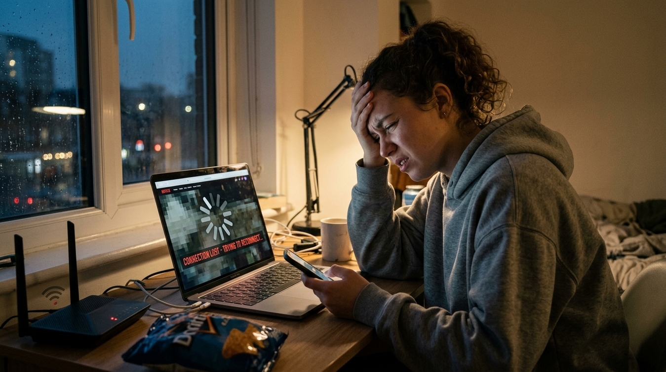 Pessoa frustrada com a mão na cabeça à noite na escrivaninha, olhando para o celular enquanto o notebook exibe mensagem de conexão perdida e ícone de carregamento ao lado do roteador.