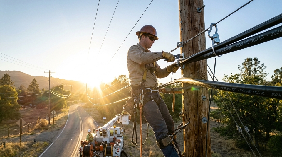 Técnico de telecomunicações usando equipamentos de segurança para instalar e fixar cabos de fibra óptica em um poste de madeira ao pôr do sol.