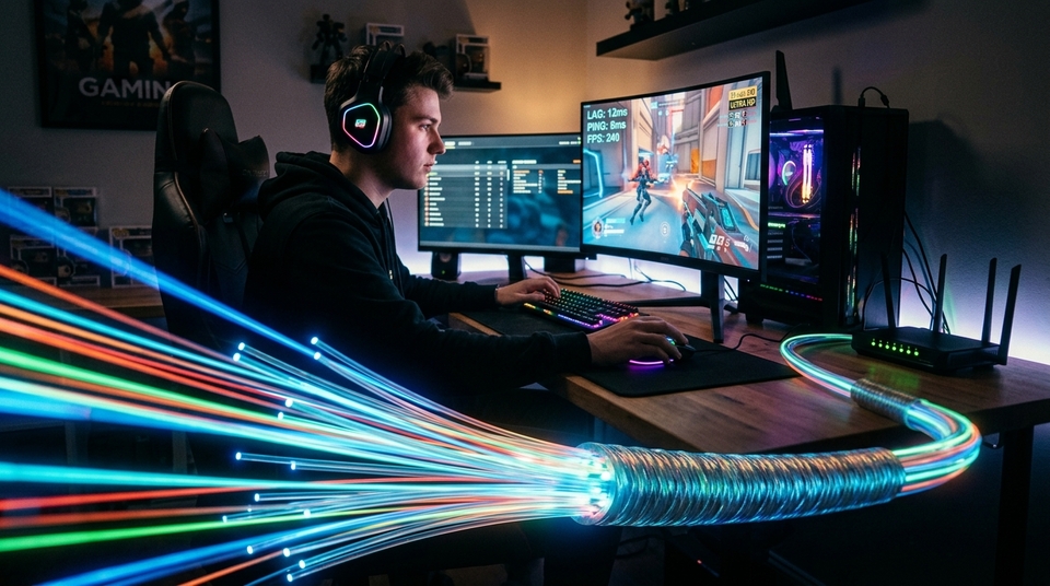 Jovem de headset jogando no computador enquanto feixes luminosos de fibra óptica com dados saem de um cabo em destaque no primeiro plano.