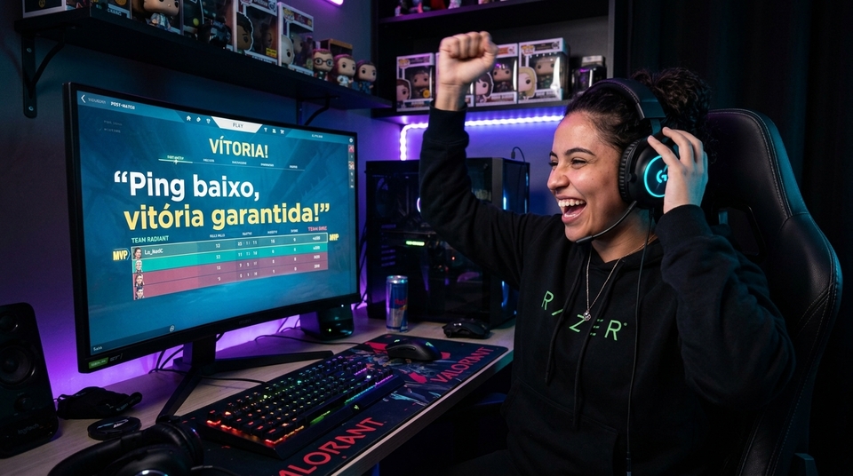 Jovem com headset comemorando com o punho levantado e sorrindo em frente ao monitor com a tela de vitória de jogo online contendo a frase "Ping baixo, vitória garantida!".