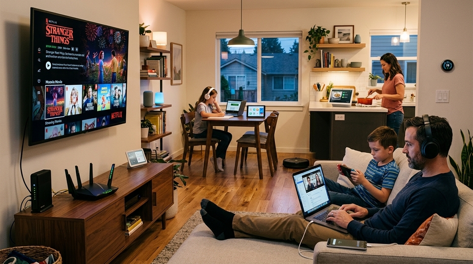 Família conectada usando múltiplos dispositivos inteligentes na sala, com roteador Wi-Fi, smart TV, notebooks, tablets e videogame ativos ao mesmo tempo.