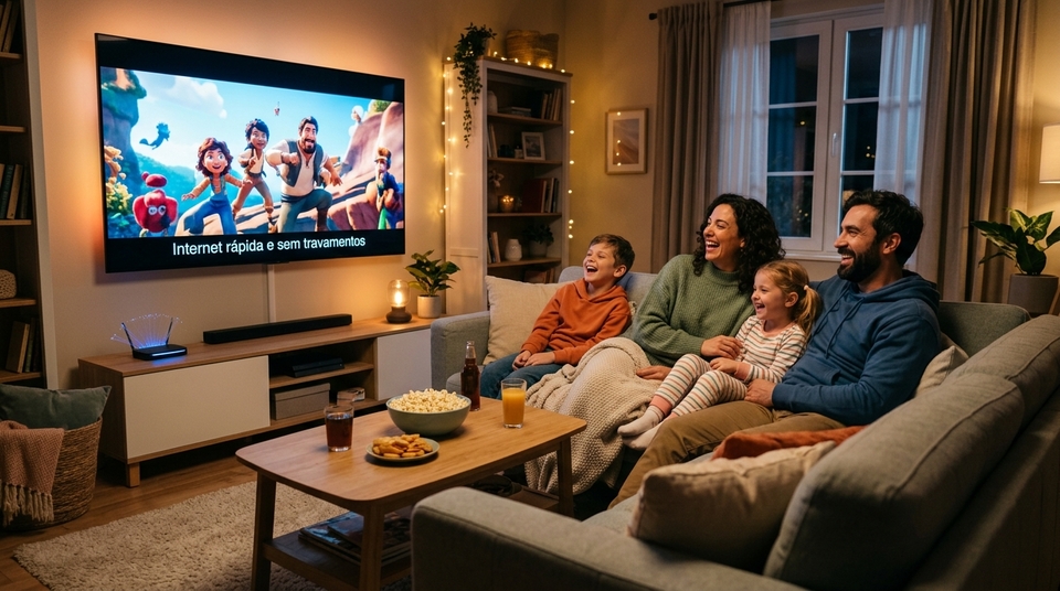Família reunida no sofá rindo enquanto assiste a uma animação na smart TV com a legenda "Internet rápida e sem travamentos".