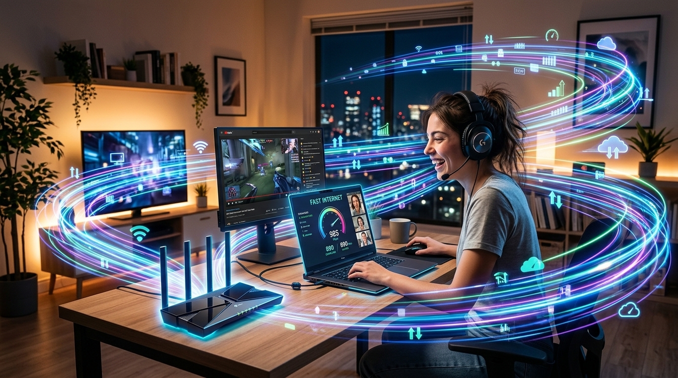 Jovem sorrindo de headset usando notebook com teste de velocidade de internet rápida, cercada por ondas luminosas conectadas ao roteador e monitores.