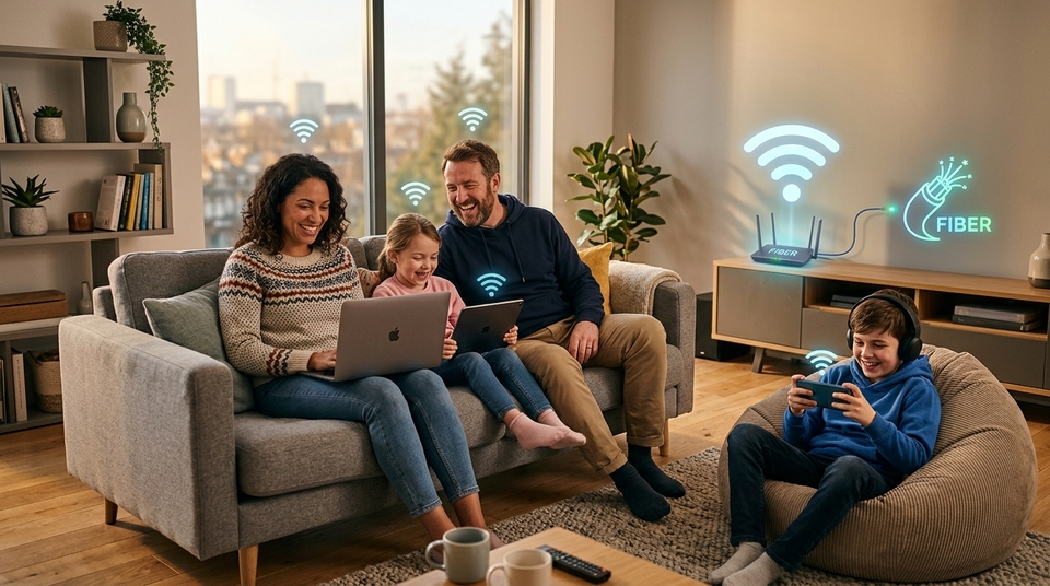 Família sorridente usando notebook, tablet e smartphone conectados ao sinal Wi-Fi do roteador de fibra óptica na sala.