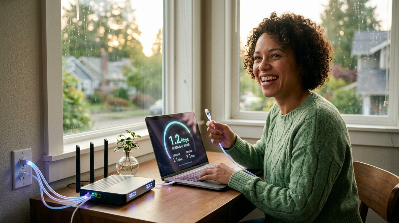 Mulher sorridente segura cabo de fibra óptica iluminado, trabalhando no notebook com teste de velocidade de 1.2 Gbps ao lado do roteador.