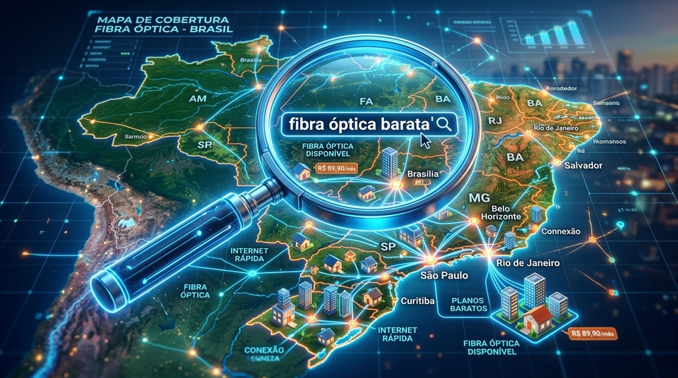 Lente de aumento sobre mapa digital do Brasil pesquisando pela frase "fibra óptica barata" com pontos de cobertura de internet.