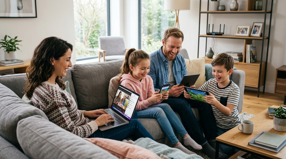 Família sorridente no sofá da sala usando notebook, celulares e tablet simultaneamente para chamadas de vídeo e jogos.