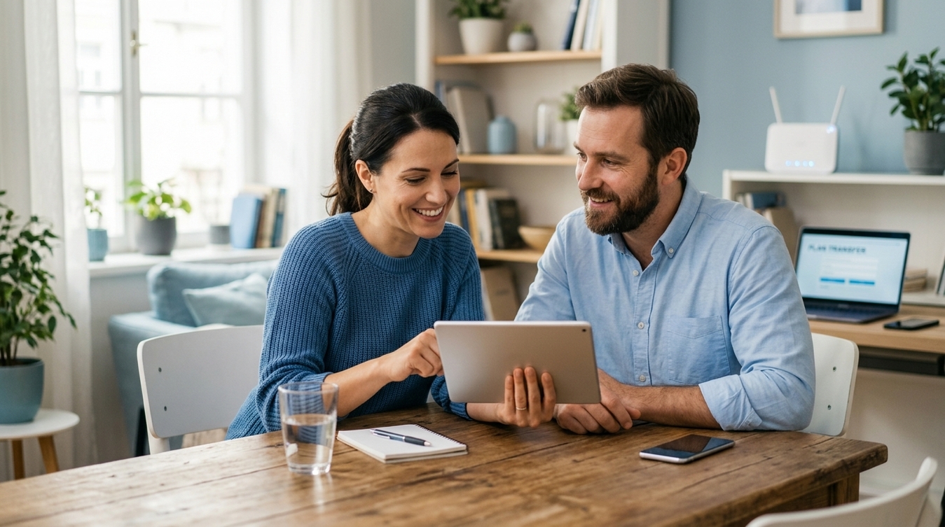 Casal sorridente sentado à mesa de madeira usando um tablet para gerenciar ou transferir seu plano de internet residencial.
