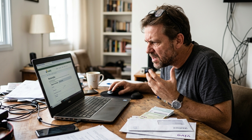 Homem de óculos com expressão frustrada e a mão na testa olha para a tela do notebook Dell, pesquisando em um site da anatel um celular e documentos sobre a mesa.