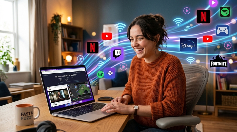 Mulher sorrindo enquanto usa notebook com conexão ultrarrápida, cercada por ícones flutuantes de serviços de streaming e jogos.
