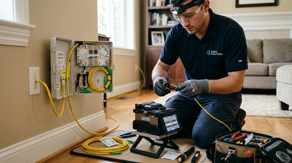 Técnico ajoelhado realizando a fusão de cabos de fibra óptica amarelados com máquina de precisão durante instalação residencial.