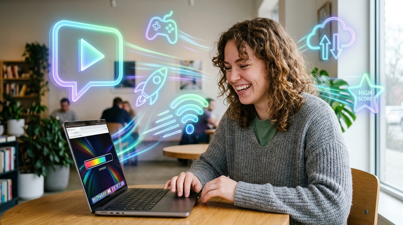 Jovem de cabelos cacheados sorri em frente ao notebook cercada por ícones neon de Wi-Fi rápido, streaming, nuvem e jogos.