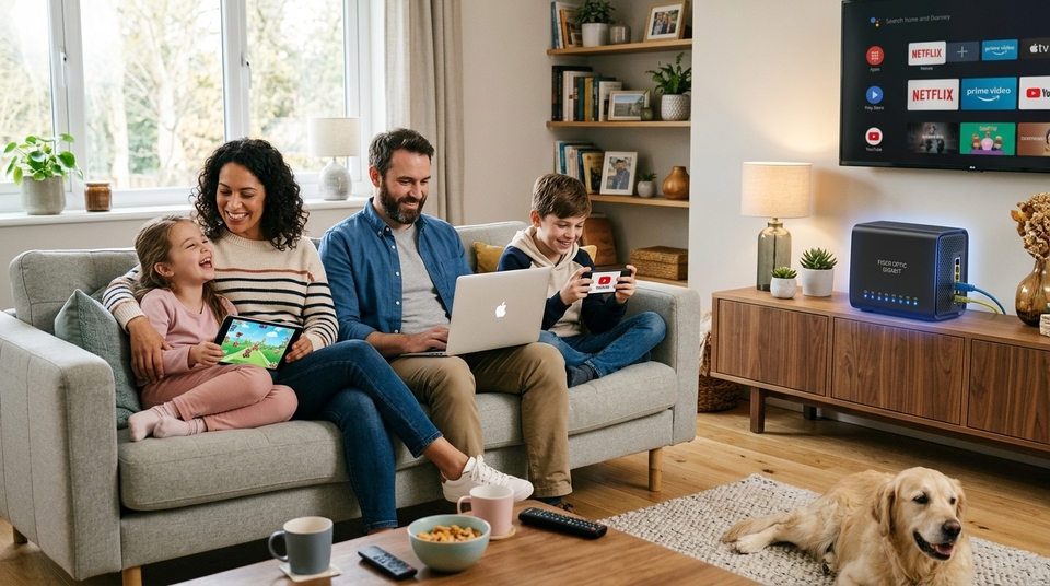 Família no sofá usando tablet, notebook e celular com modem de fibra óptica e smart TV ligados na sala.