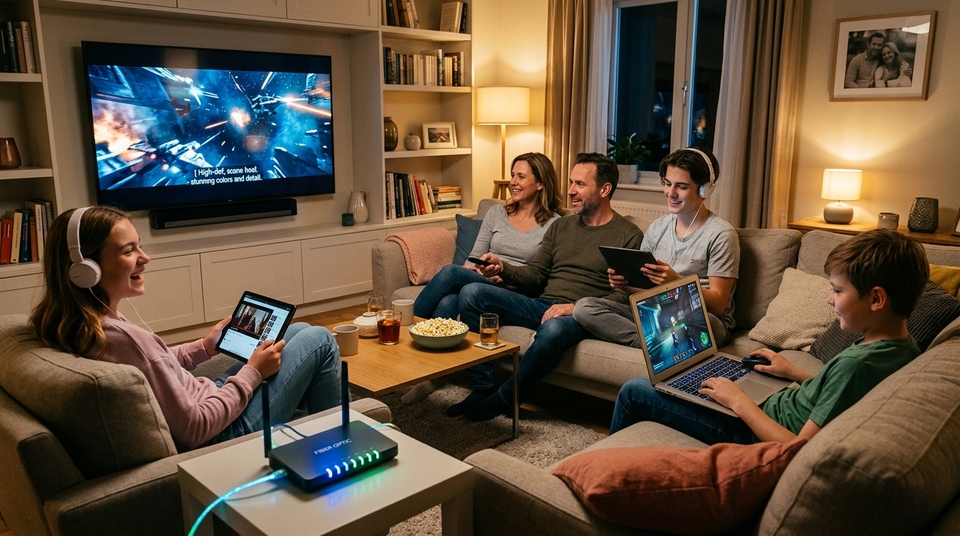 Família reúne-se na sala assistindo TV enquanto filhos usam tablets e notebook conectados ao roteador de fibra óptica.