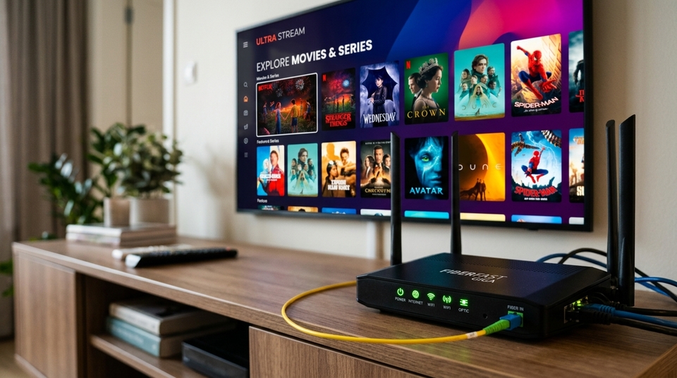 Roteador de fibra óptica preto conectado sobre móvel de madeira em frente a smart TV exibindo catálogo de filmes e séries.
